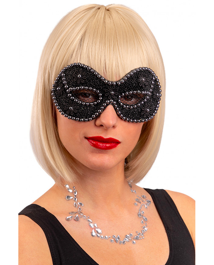 Black chinless mask decorated with pearls and daisies. An