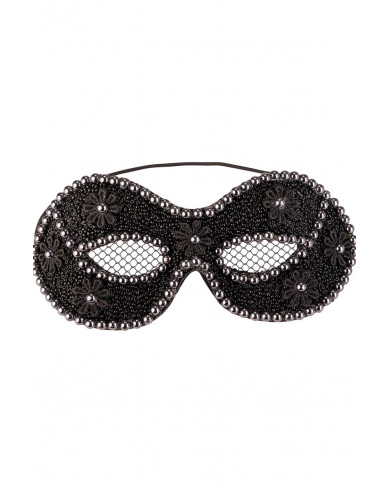 MASCHERA NERA IN PLASTICA CON MACRAME' E PERLE —