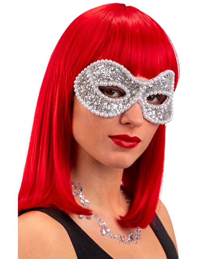 Silver chinless mask decorated with sequins and pearls. An Silver chinless mask decorated with sequins and pearls. An