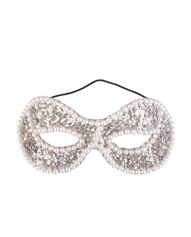 Maschera argento in plastica con paillettes, piume bianche e