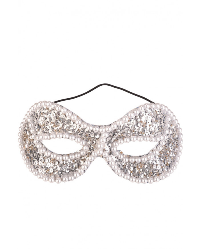 Silver chinless mask decorated with sequins and pearls. An Silver chinless mask decorated with sequins and pearls. An