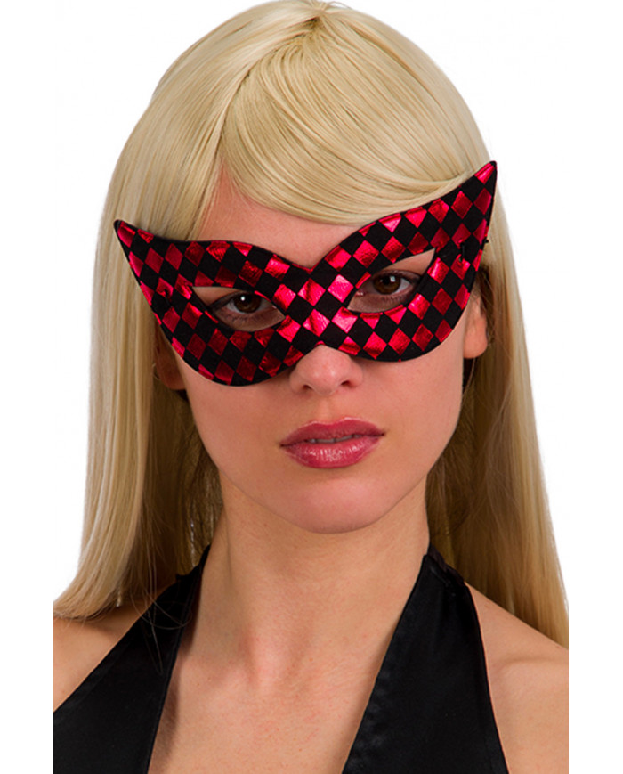 Chinless mask in black and red checkered fabric, accessory to