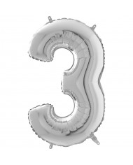 Silver foil balloon in the shape of the number 3, height