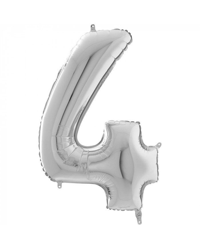Silver foil balloon in the shape of the number 4, height