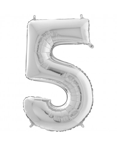 Silver foil balloon in the shape of the number 5, height Silver foil balloon in the shape of the number 5, height