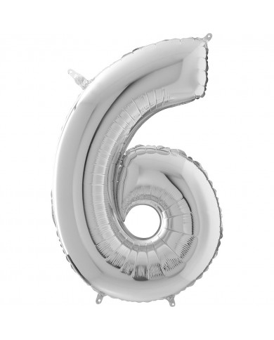 Silver foil balloon in the shape of the number 6, height Silver foil balloon in the shape of the number 6, height