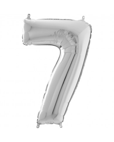 Silver foil balloon in the shape of the number 7, height