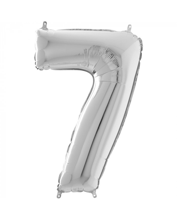 Silver foil balloon in the shape of the number 7, height