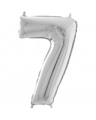 Silver foil balloon in the shape of the number 7, height