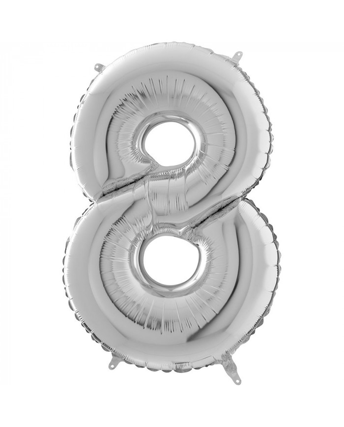 Silver foil balloon in the shape of the number 8, height