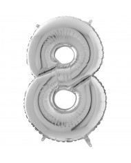 Silver foil balloon in the shape of the number 8, height