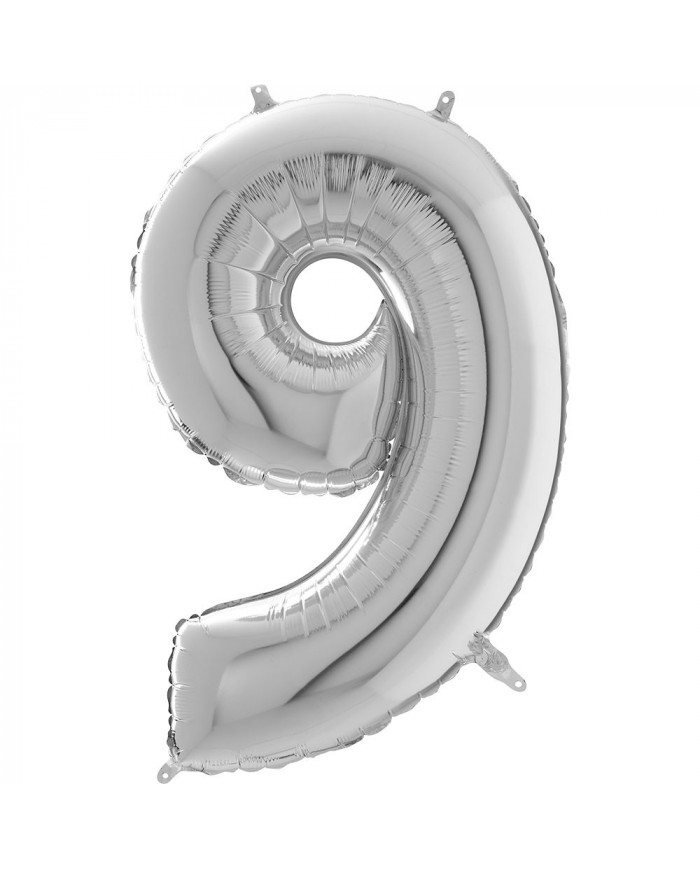 Silver foil balloon in the shape of the number 9, height