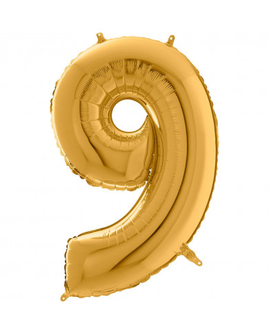 Gold foil balloon in the shape of the number 9, height cm.100 Gold foil balloon in the shape of the number 9, height cm.100