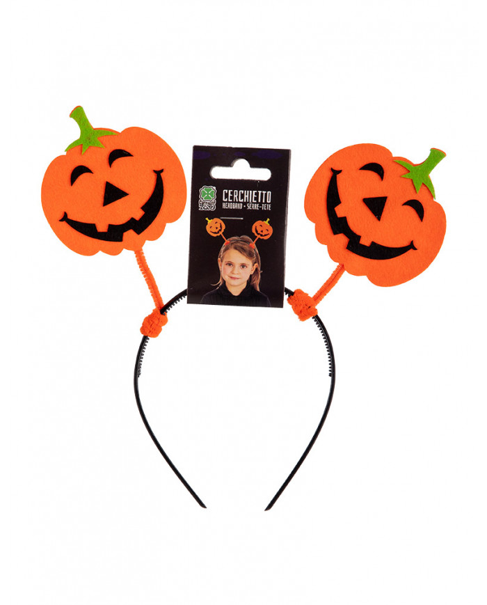 Headband with orange antennas with two smiling pumpkins in felt Headband with orange antennas with two smiling pumpkins in felt