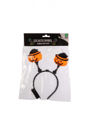 Plastic headband with two luminous pumpkins with hats, which