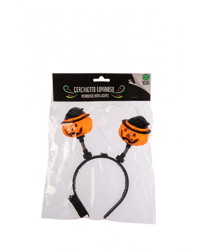 Plastic headband with two luminous pumpkins with hats, which