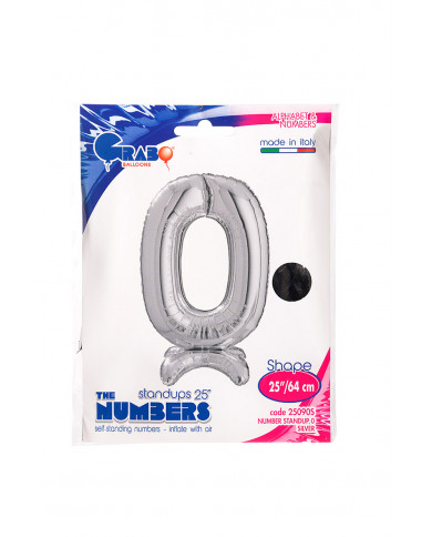 Silver foil balloon in the shape of number 0 with pedestal