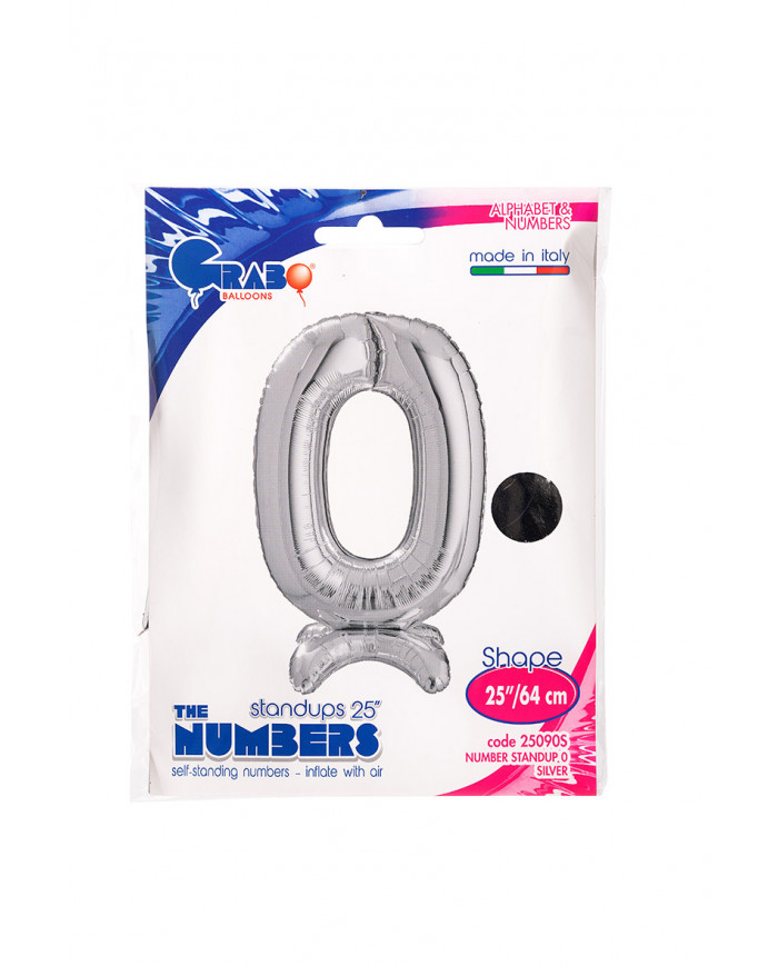 Silver foil balloon in the shape of number 0 with pedestal