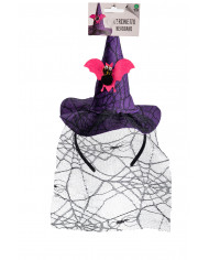 Mini purple witch hat with bat and veil, height cm.16, which