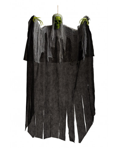 Skeleton with face and hands covered in green glitter.