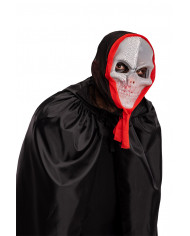 Full-face plastic skull mask with a black and red fabric hood. Full-face plastic skull mask with a black and red fabric hood.