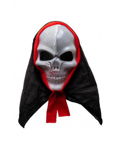 Full-face plastic skull mask with a black and red fabric hood. Full-face plastic skull mask with a black and red fabric hood.