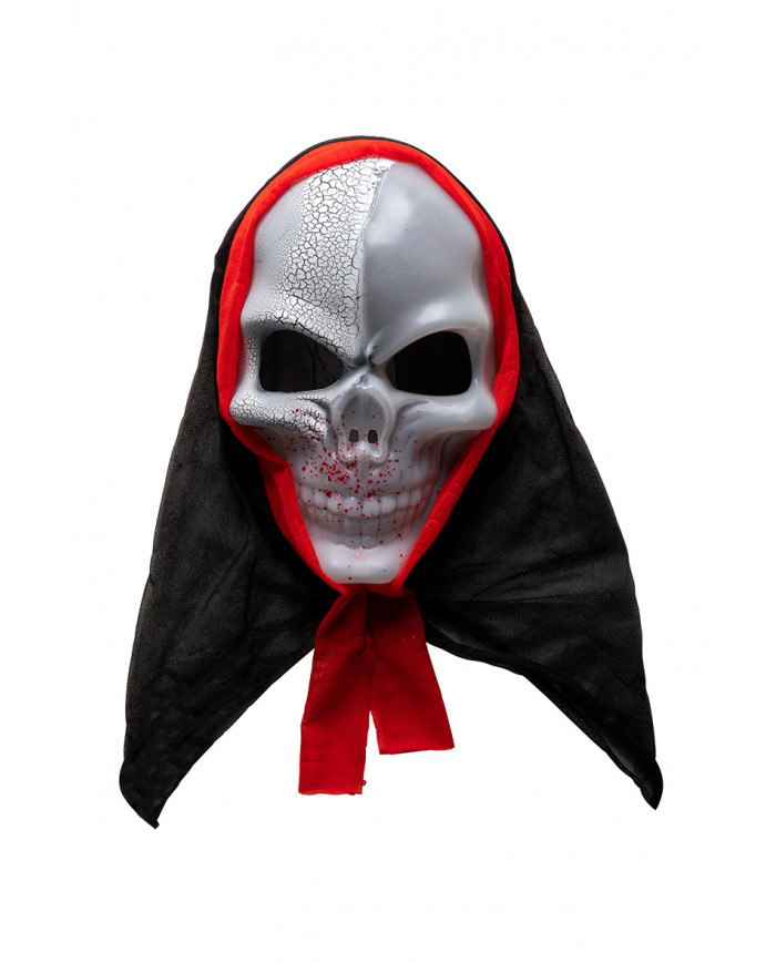 Full-face plastic skull mask with a black and red fabric hood. Full-face plastic skull mask with a black and red fabric hood.