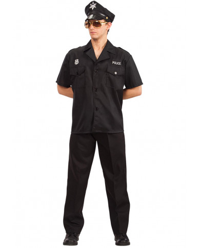 Policeman costume with fabric jacket and trousers, hat.