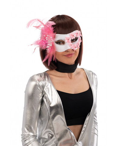 Half-face mask in white and pink plastic w/roses and feather Half-face mask in white and pink plastic w/roses and feather