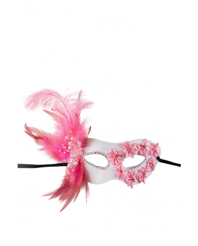 Half-face mask in white and pink plastic w/roses and feather Half-face mask in white and pink plastic w/roses and feather
