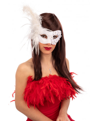 Half-face white plastic mask decorated with roses and feathers. Half-face white plastic mask decorated with roses and feathers.