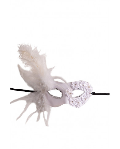 Half-face white plastic mask decorated with roses and feathers. Half-face white plastic mask decorated with roses and feathers.
