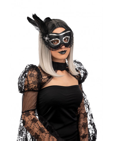 Half-face mask in black fabric w/spider and feather Half-face mask in black fabric w/spider and feather