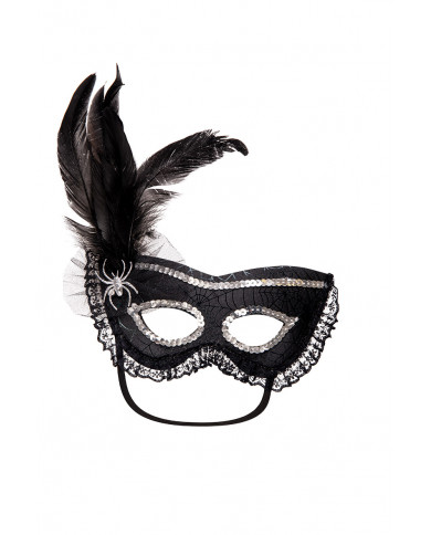 Half-face mask in black fabric w/spider and feather Half-face mask in black fabric w/spider and feather