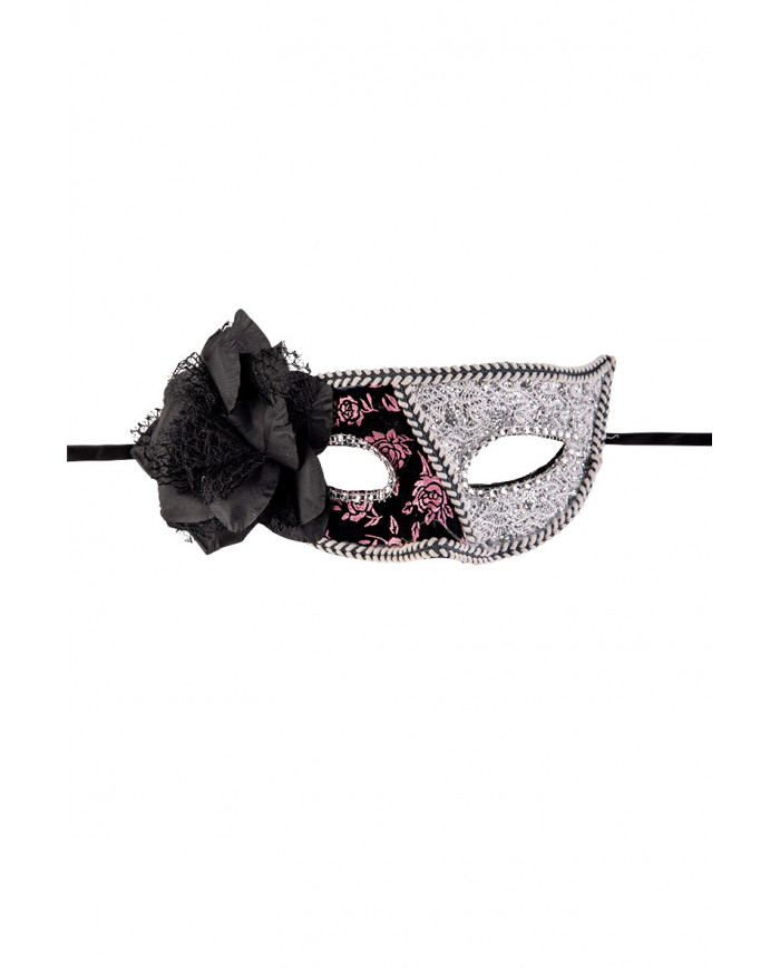 Venetian half-face mask in plastic, covered with black, pink