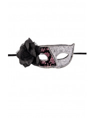 Venetian half-face mask in plastic, covered with black, pink