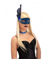 Venetian half-face mask in plastic, covered with blue fabric.