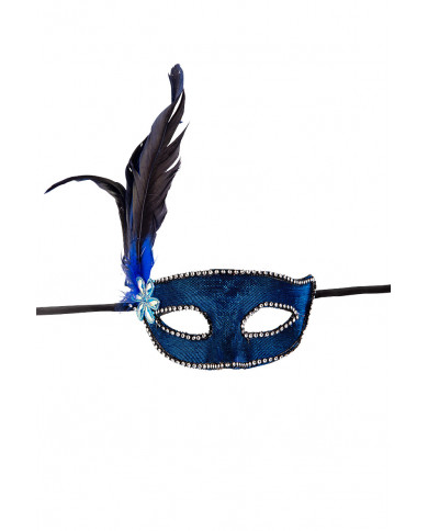 Venetian half-face mask in plastic, covered with blue fabric.