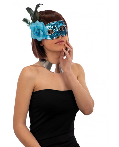 Venetian half-face mask in plastic, covered with blue sequins. Venetian half-face mask in plastic, covered with blue sequins.