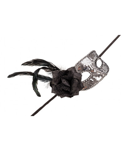 Venetian half-face mask in plastic, coated with silver sequins.