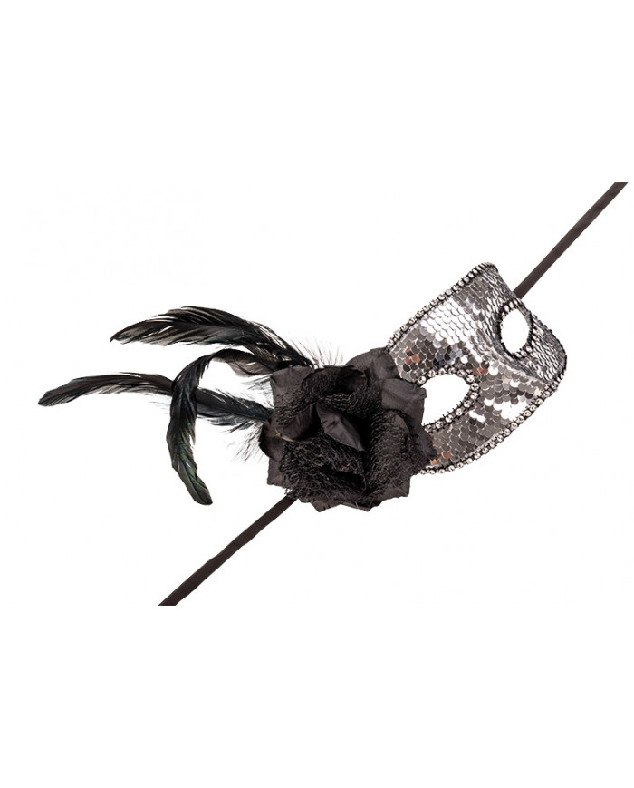 Venetian half-face mask in plastic, coated with silver sequins.