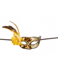 Venetian half-face mask in plastic, coated with gold sequins.