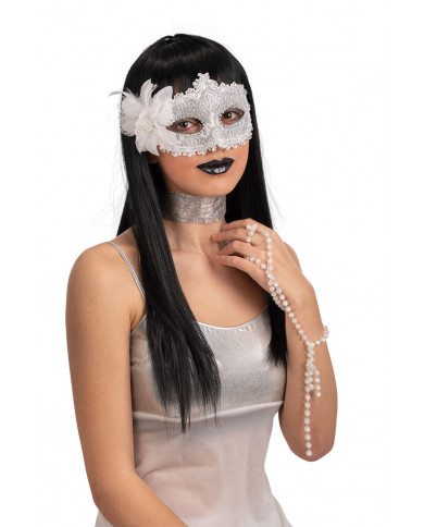 Venetian half-face mask in plastic covered with silver damask