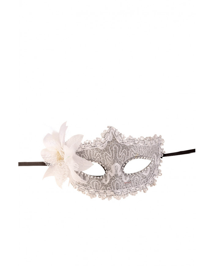 Venetian half-face mask in plastic covered with silver damask Venetian half-face mask in plastic covered with silver damask