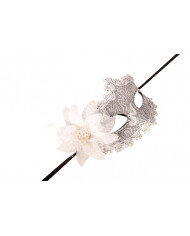 Venetian half-face mask in plastic covered with silver damask Venetian half-face mask in plastic covered with silver damask
