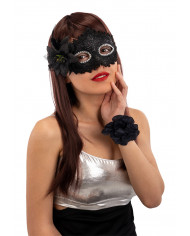 Venetian half-face mask in plastic covered with black damask