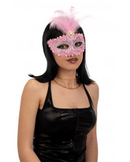Venetian half-face mask in plastic, covered with pink damask Venetian half-face mask in plastic, covered with pink damask