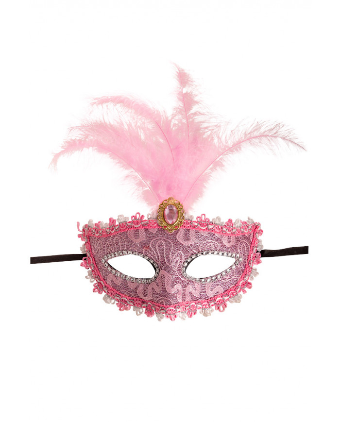 Maschera di carnevale da donna rosa veneziana con piume e fiore