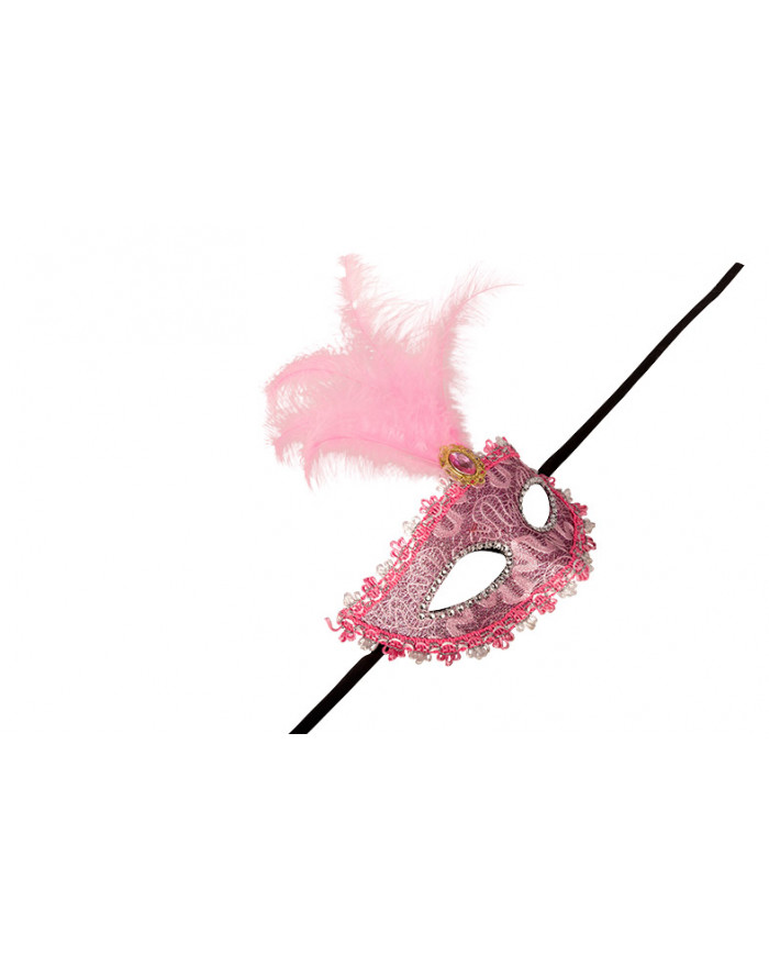 Venetian half-face mask in plastic, covered with pink damask Venetian half-face mask in plastic, covered with pink damask