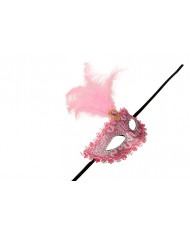 Venetian half-face mask in plastic, covered with pink damask Venetian half-face mask in plastic, covered with pink damask
